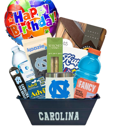 Carolina 21st birthday gift basket with made in North Carolina foods and drinks and licensed UNC Chapel Hill items