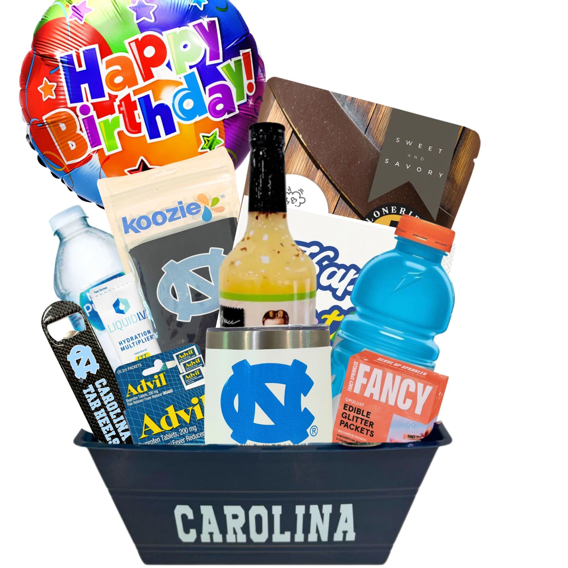 Carolina 21st birthday gift basket with made in North Carolina foods and drinks and licensed UNC Chapel Hill items