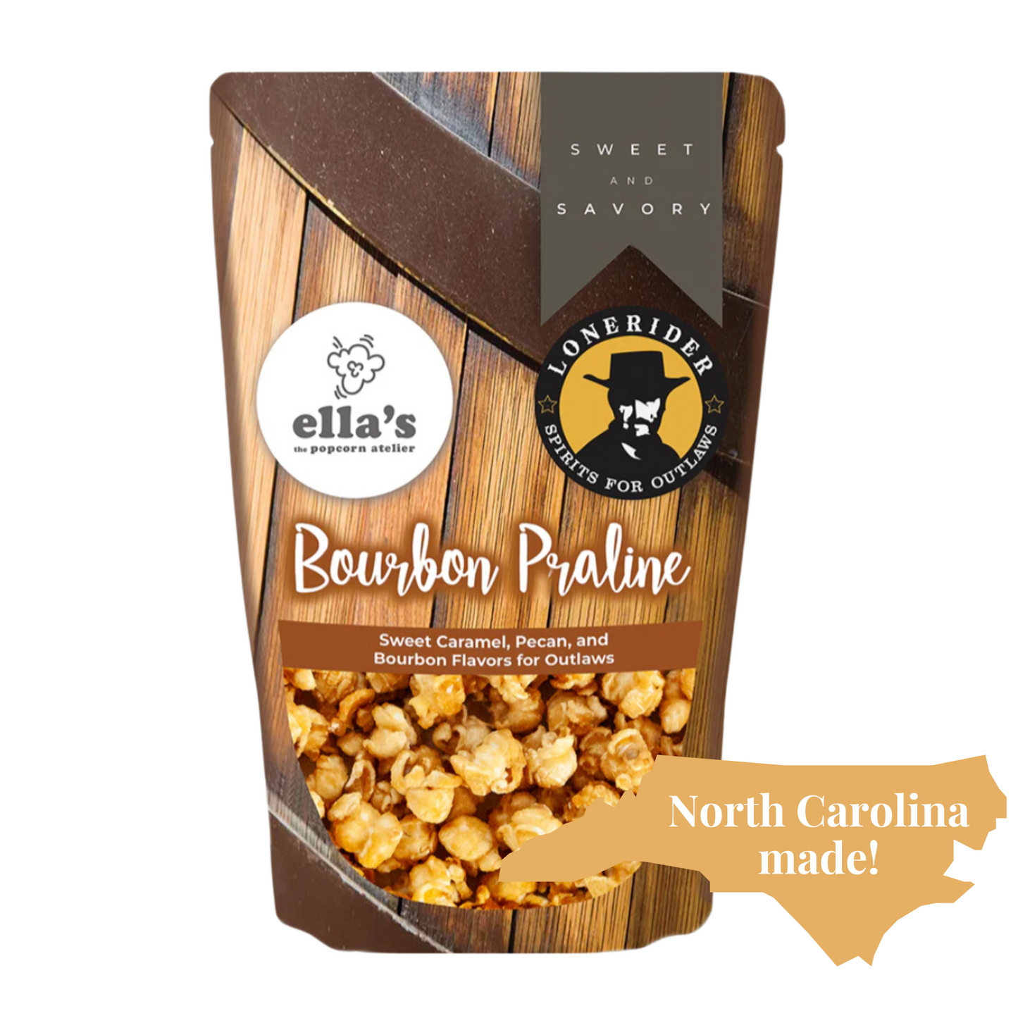 Ella's Bourbon Praline Popcorn which is locally made in North Carolina with local spirits.