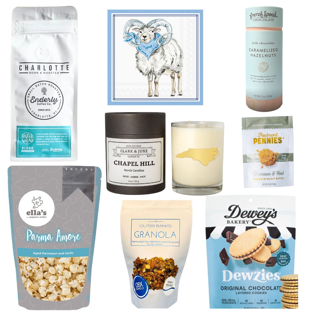 Carolina blue colored gourmet gift items in north Carolina gift basket that displays tar heel pride and Carolina roots.