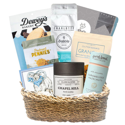 Carolina Blue Deluxe Gift Basket filled with UNC-branded items and premium North Carolina-made treats, perfect for celebrating Tar Heel pride and local flavors.