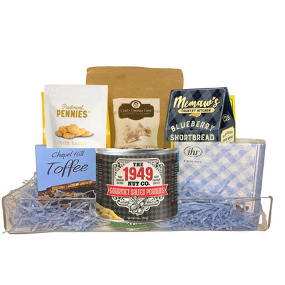 Carolina Crunch Gift Basket featuring a variety of gourmet delights from North Carolina, elegantly presented in a 15" x 10" acrylic serving tray