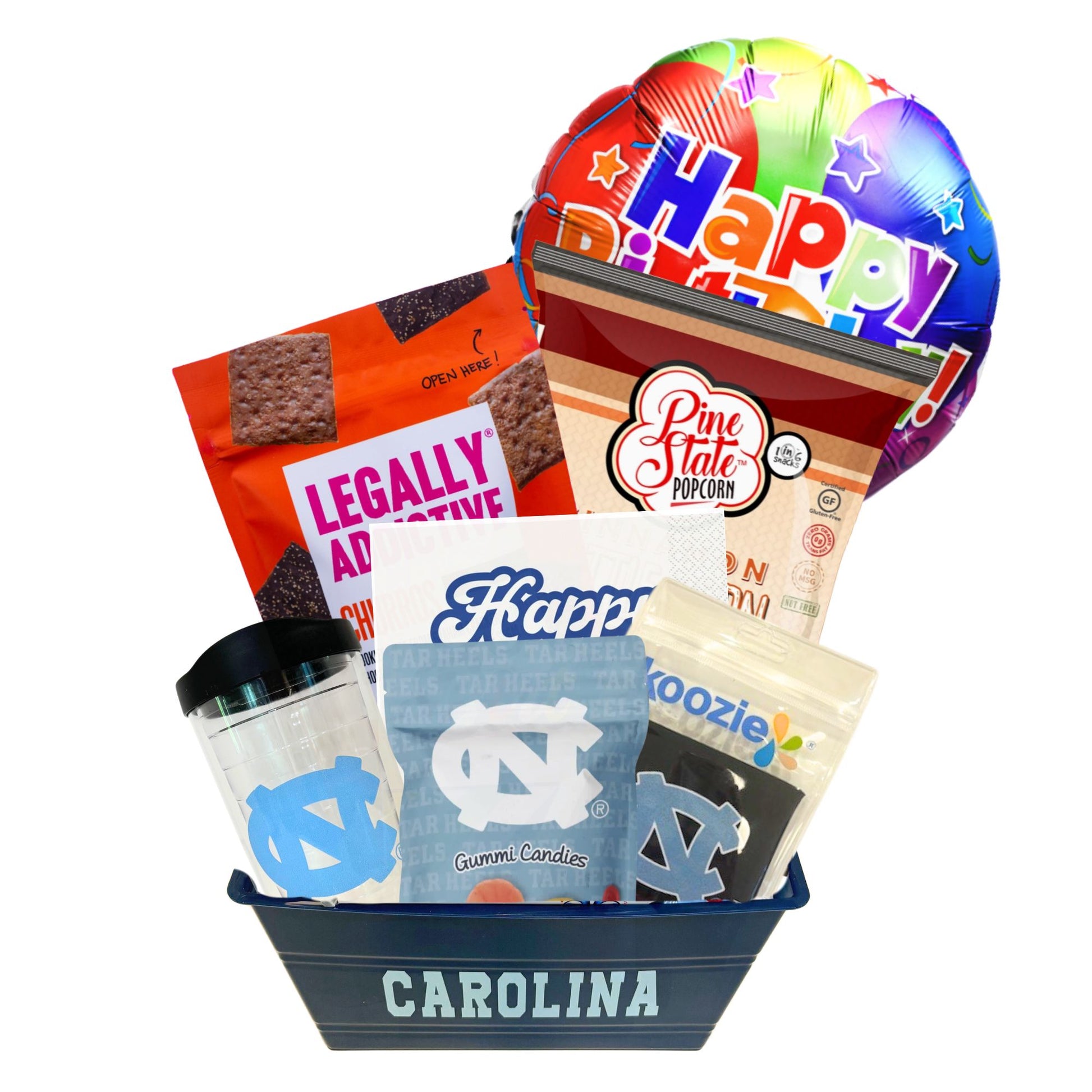 gift basket containing cookie cake, NC made Legally Addictive cookies, UNC stickers, UNC gummy candies, Carolina BBQ chips, and a UNC insulated cup to be delivered to UNC students at Chapel Hill.