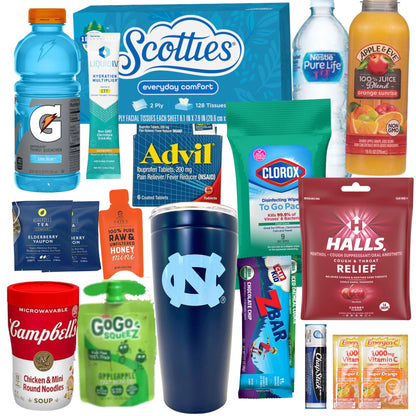 Wellness products included in a get well soon college care package for UNC Chapel Hill students