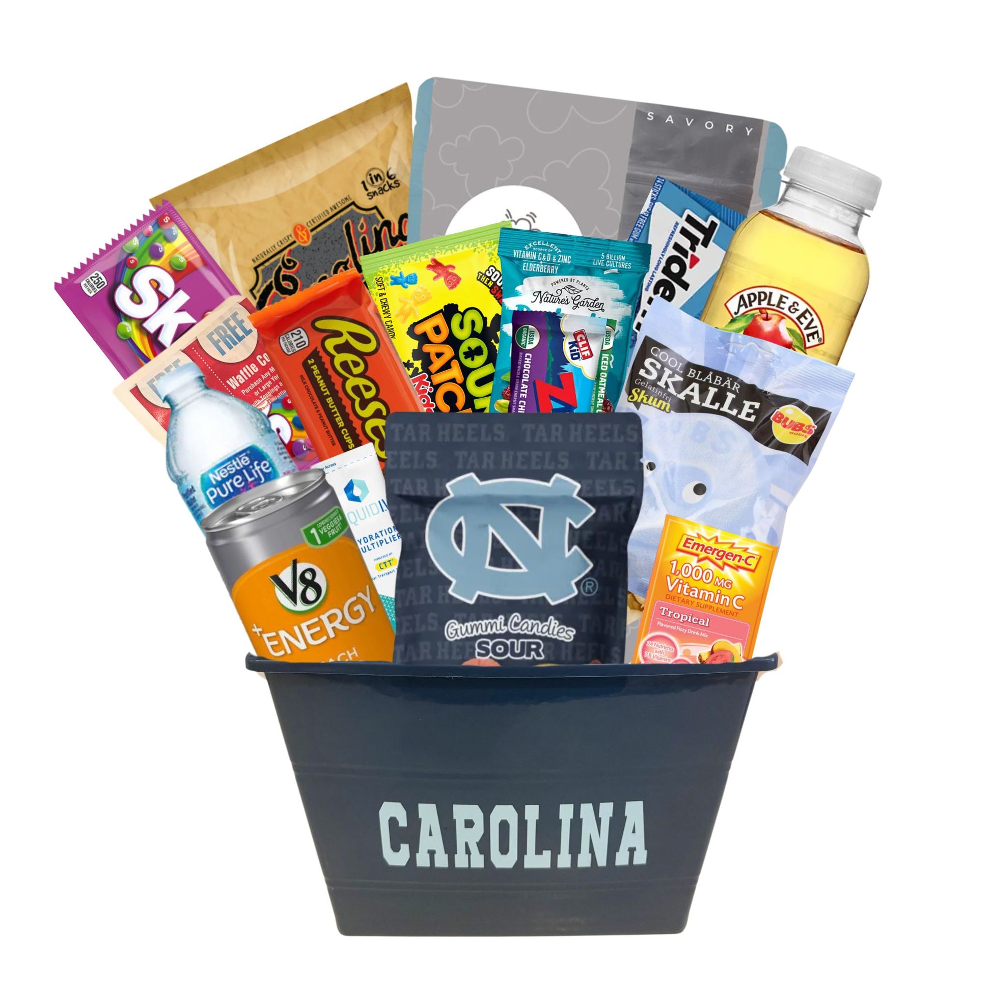 Carolina bucket full of exam study snacks and UNC licensed products. Contains made in North Carolina local foods such as Carolina Kettle BBQ Chips and Ella's Parmesan popcorn