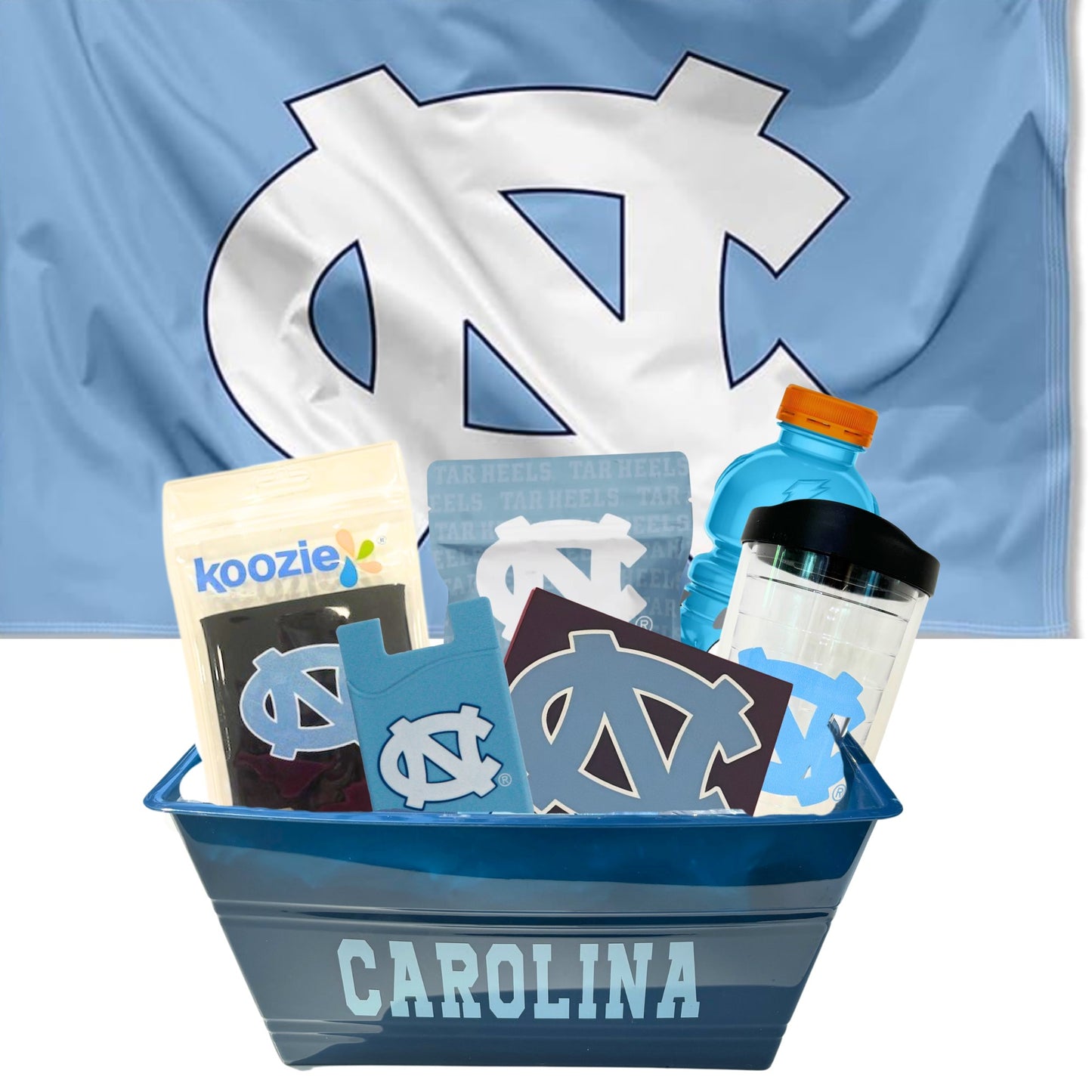 Gift basket for UNC chapel Hill boys full of UNC branded products