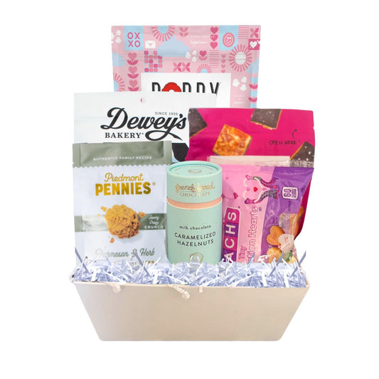 Valentine’s Day Gift Basket with NC-Made Gourmet Treats – Includes Poppy Cotton Candy Popcorn, French Broad Chocolate Hazelnuts, Dewey’s Cookies, and more.