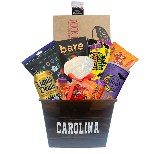 A UNC Chapel Hill gift basket containing Halloween themed treats that parents can send to their students at the University of North Carolina at Chapel Hill.