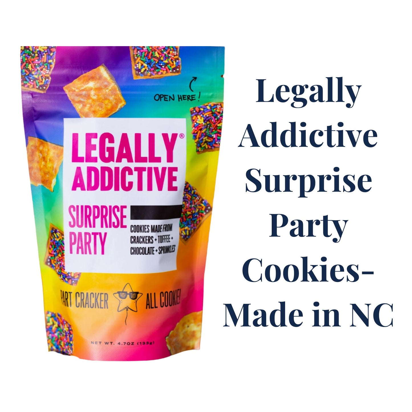 Legally Addictive Surprise Party Cookies that are made in Asheville, North Carolina and included in a birthday gift basket for Chapel Hill UNC students.