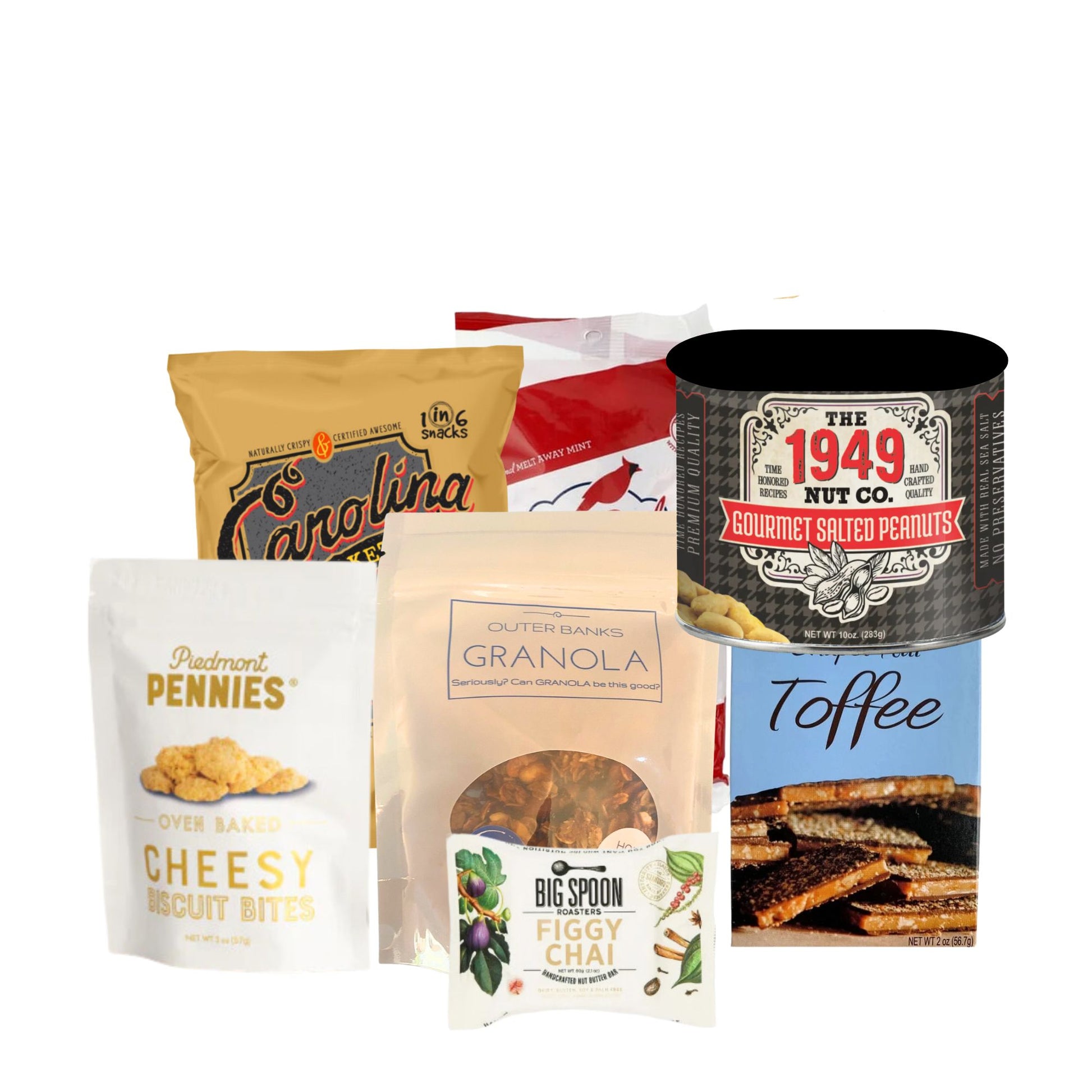 assortment of gourmet food products such as cheese wafers, nuts, chips, granola, nut butter bars, and Chapel Hill toffee that are made in NC