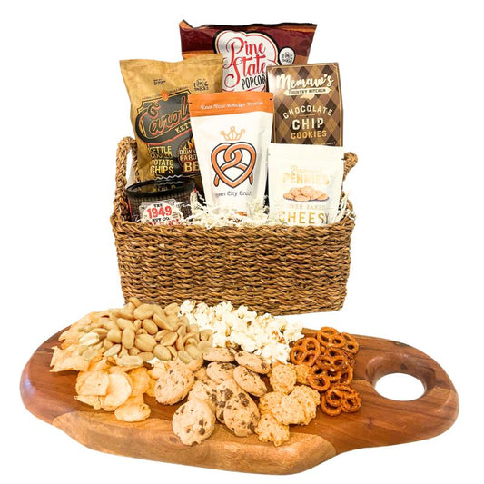 Large woven basket full of locally made NC gourmet snacks