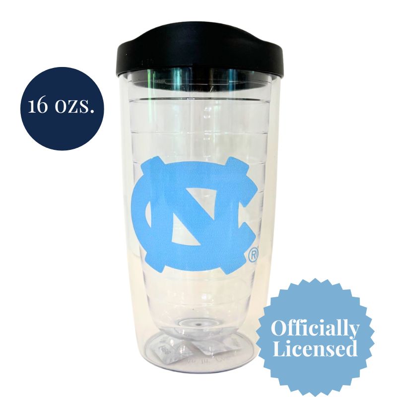 UNC 16 oz Insulated Tumbler included in the UNC Fan Basket, perfect for keeping beverages at the ideal temperature.