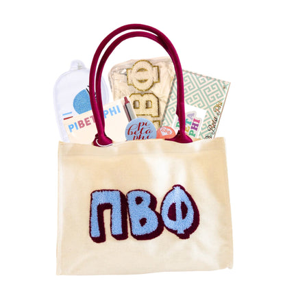 Pi Beta Phi Bid Day tote bag full of sorority gifts