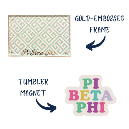 Close up of Pi Beta Phi frame and tumbler magnet included in Bid Day gift