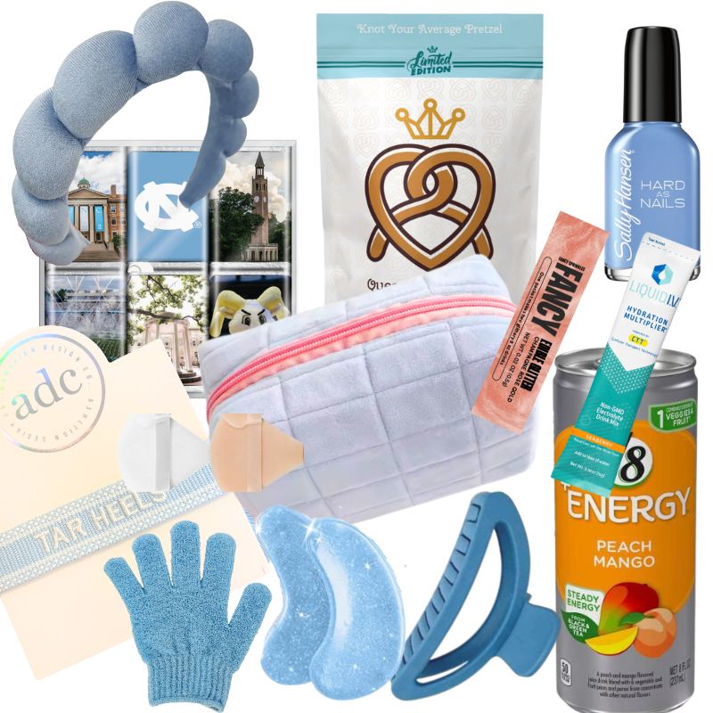 collection of items included in self care gift basket for UNC Chapel Hill girls.From University of North Carolina at Chapel Hill chocolates to a Tar Heels bracelet and made in NC snacks, this is a Carolina Blue gift basket for girls.