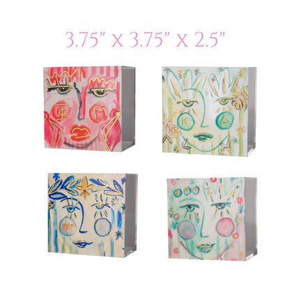 Four FANCY SISTER acrylic boxes with dimensions noted as 3.75 inches by 3.75 inches by 2.5 inches.