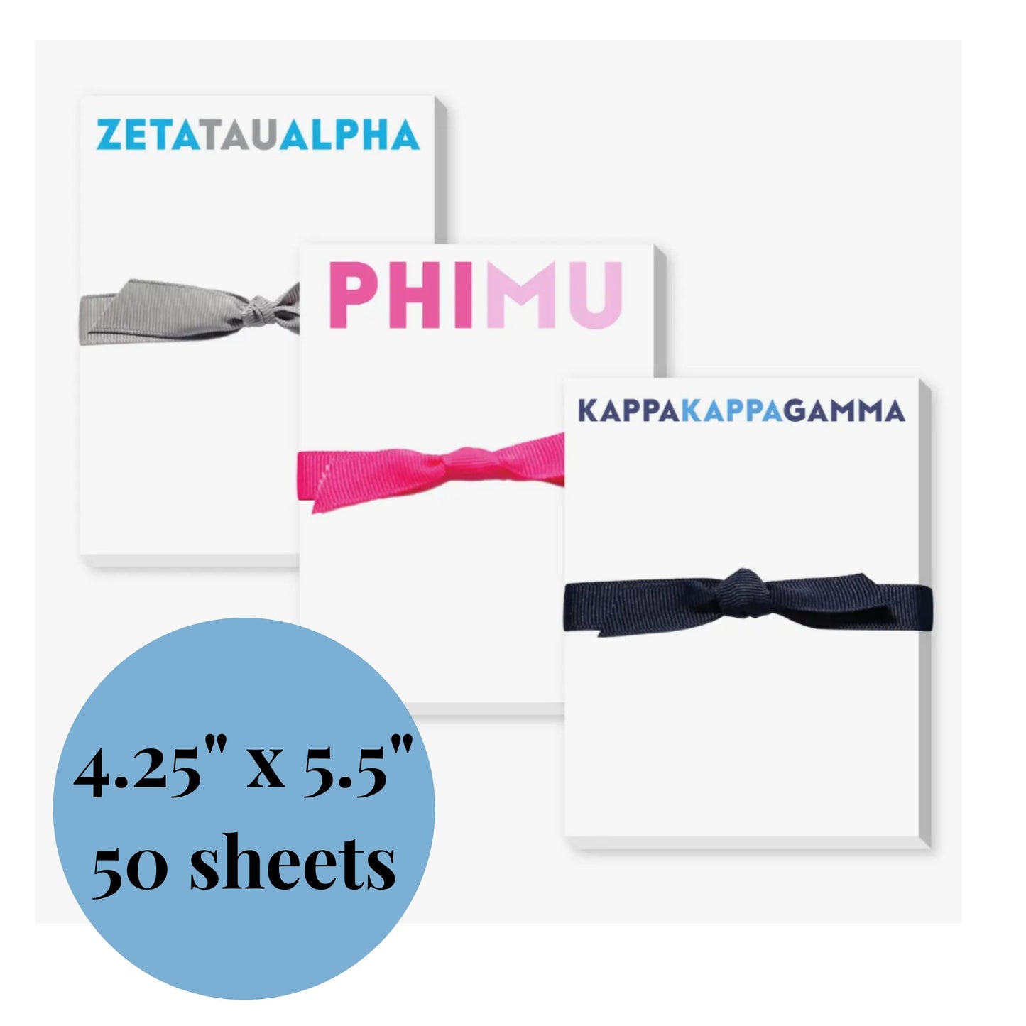 Three sorority notepads featuring the colors of the sorority and a coordinating ribbon.