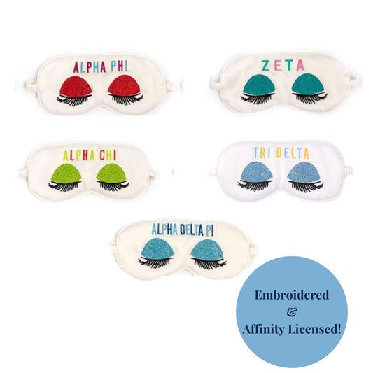 Five different satin sleep masks with various sorority names, tagged with 'Embroidered and affinity licensed'.