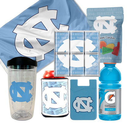 Collage of items in the UNC Fan Basket, including a UNC flag, chocolates, gummy snacks, insulated tumbler, can cooler, phone card wallet, and Carolina blue Gatorade.