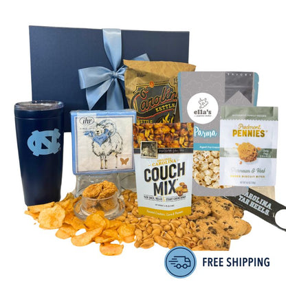 UNC themed food basket including UNC branded gifts and made in NC gourmet foods