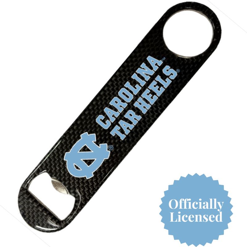 Durable and stylish officially licensed UNC Bottle Opener, magnetic for easy use, included in the Carolina Cocktail Hour Kit