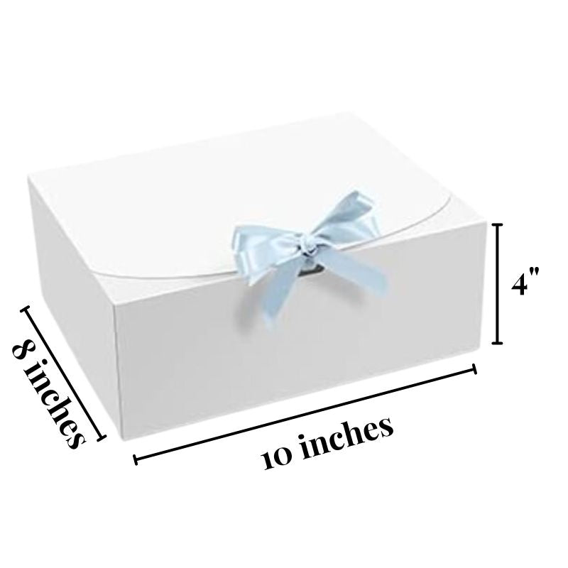 Elegant white box with dimensions and a Carolina blue ribbon, perfect packaging for the Carolina Celebrationr Kit, ready for gifting or personal use