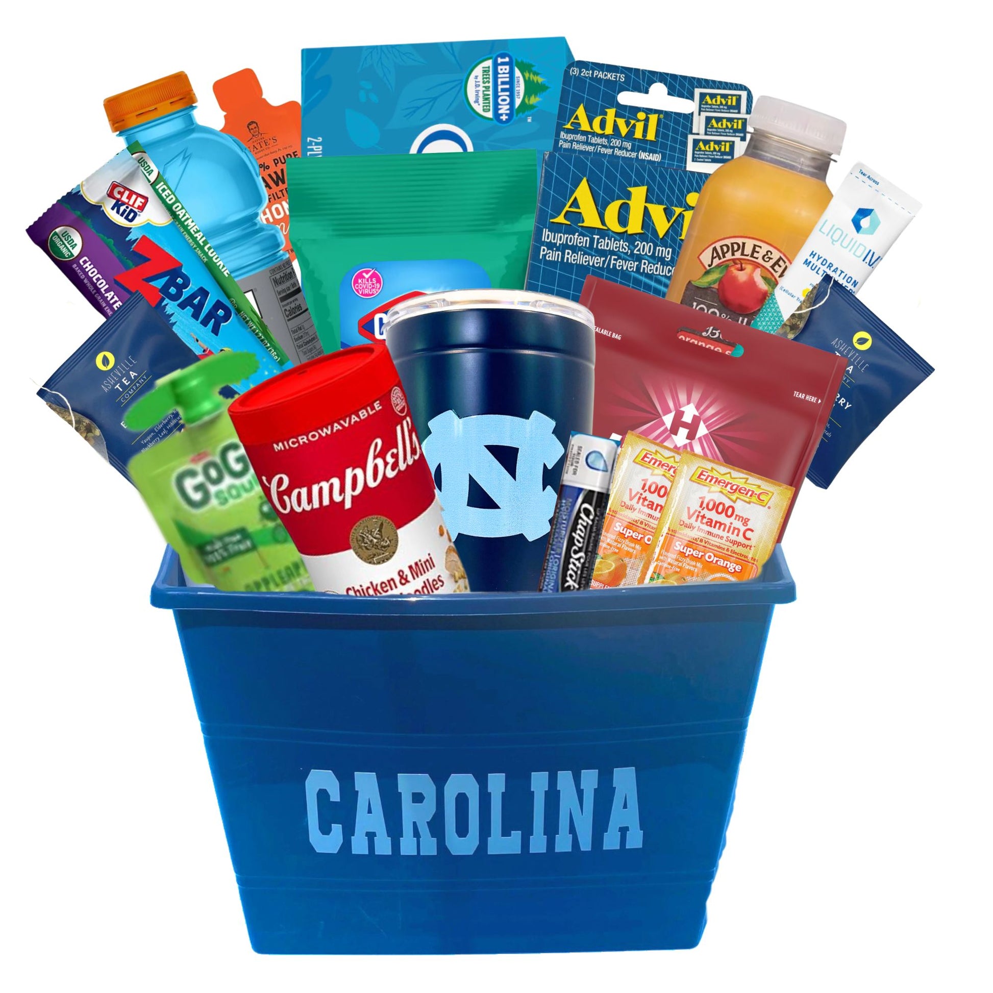 UNC gift basket full of health and wellness items for delivery to University of North Carolina at Chapel Hil students