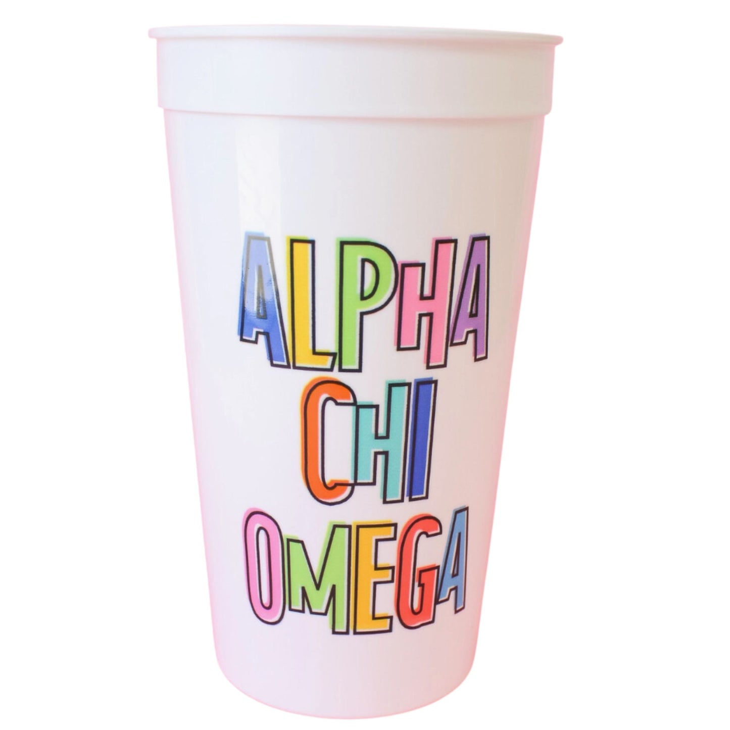 32 oz. Bring On The Fun Sorority Stadium Cup with Alpha Chi Omega Greek symbols, ideal for sorority socials, tailgates, and celebrations.