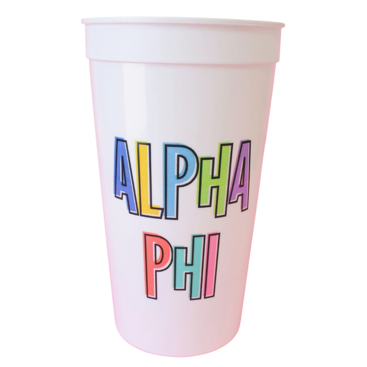 32 oz. Bring On The Fun Sorority Stadium Cup with Alpha Phi Greek symbols, ideal for sorority socials, tailgates, and celebrations.