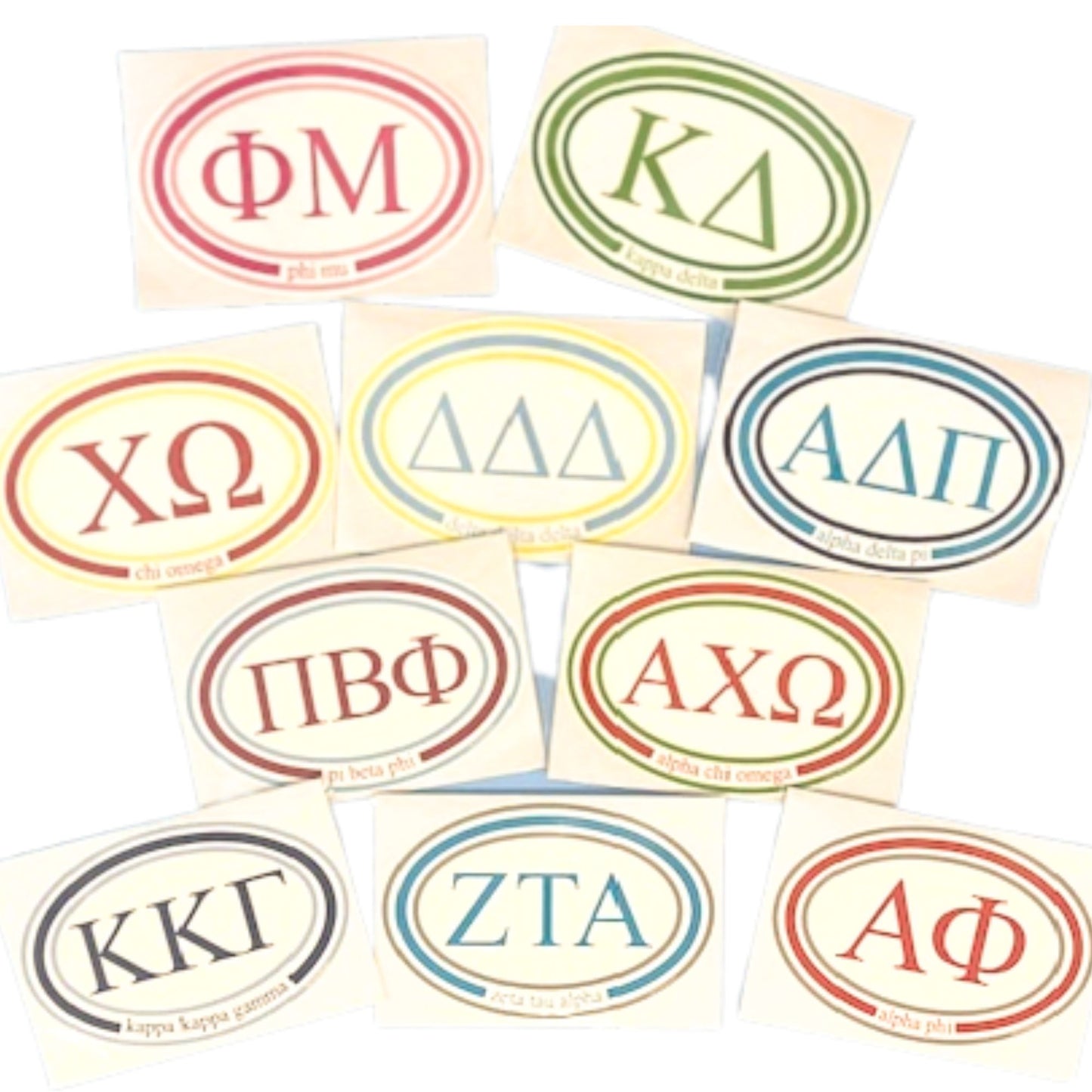 Ten sorority bumper stickers, one for each sorority house at UNC Chapel Hill.