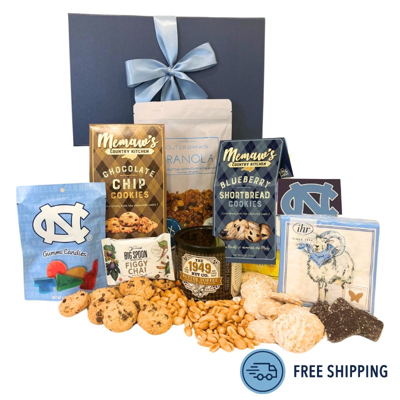 Luxury gift box with made in North Carolina gourmet foods and UNC Chapel Hill items