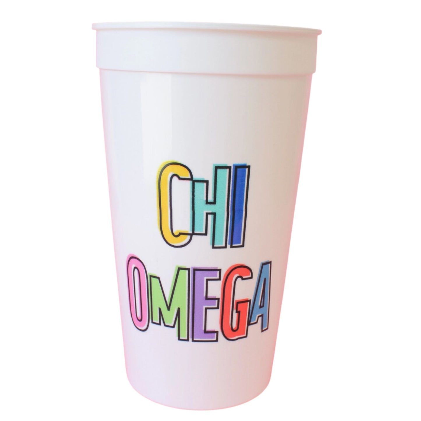 32 oz. Bring On The Fun Sorority Stadium Cup with Chi Omega Greek symbols, perfect for expressing sorority pride at any event or gathering.