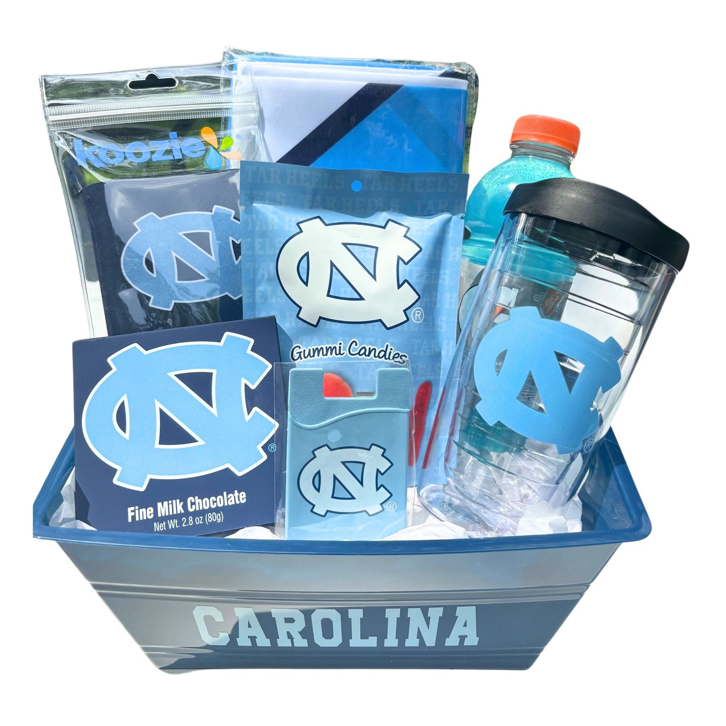 Top view of the UNC Fan Basket, displaying all the included items arranged in a large bucket.