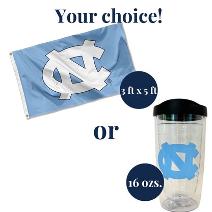 UNC 3' x 5' Flag or UNC tumbler included in the Welcome to UNC Gift Box, perfect for displaying school pride in dorms or at home.