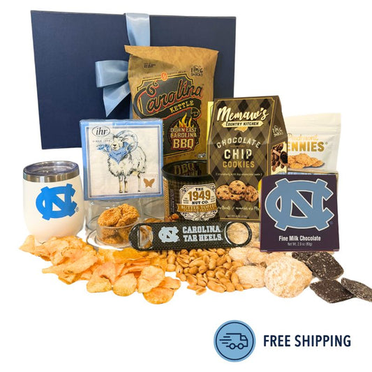 Gourmet UNC Chapel Hill gift containing UNC wine tumbler, ramses cocktail napkins, Chapel Hill chocolate, and other gourmet food made in North Carolina