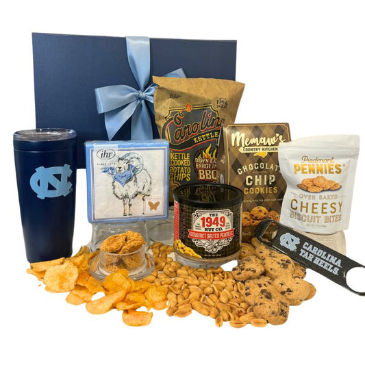 UNC themed food basket including UNC branded gifts and made in NC gourmet foods