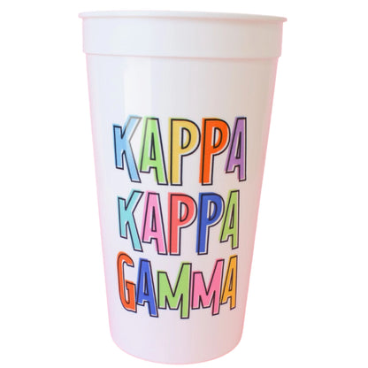 32 oz. Bring On The Fun Sorority Stadium Cup with Kappa Kappa Gamma Greek symbols, perfect for expressing sorority pride at any event or gathering."