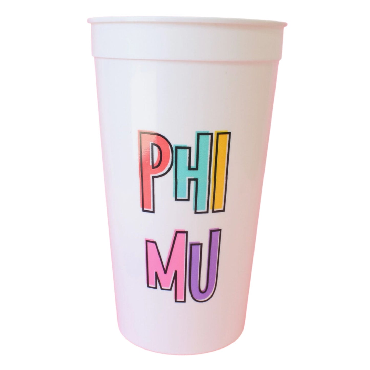 32 oz. Bring On The Fun Sorority Stadium Cup with Phi Mu Greek symbols, ideal for sorority socials, tailgates, and celebrations