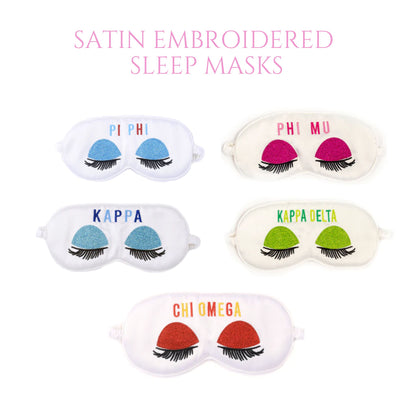 Five satin embroidered sleep masks with different sororities' names, labeled 'satin embroidered sleep masks'.