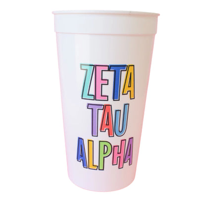 32 oz. Bring On The Fun Sorority Stadium Cup with Zeta Tau Alpha Greek symbols, perfect for expressing sorority pride at any event or gathering