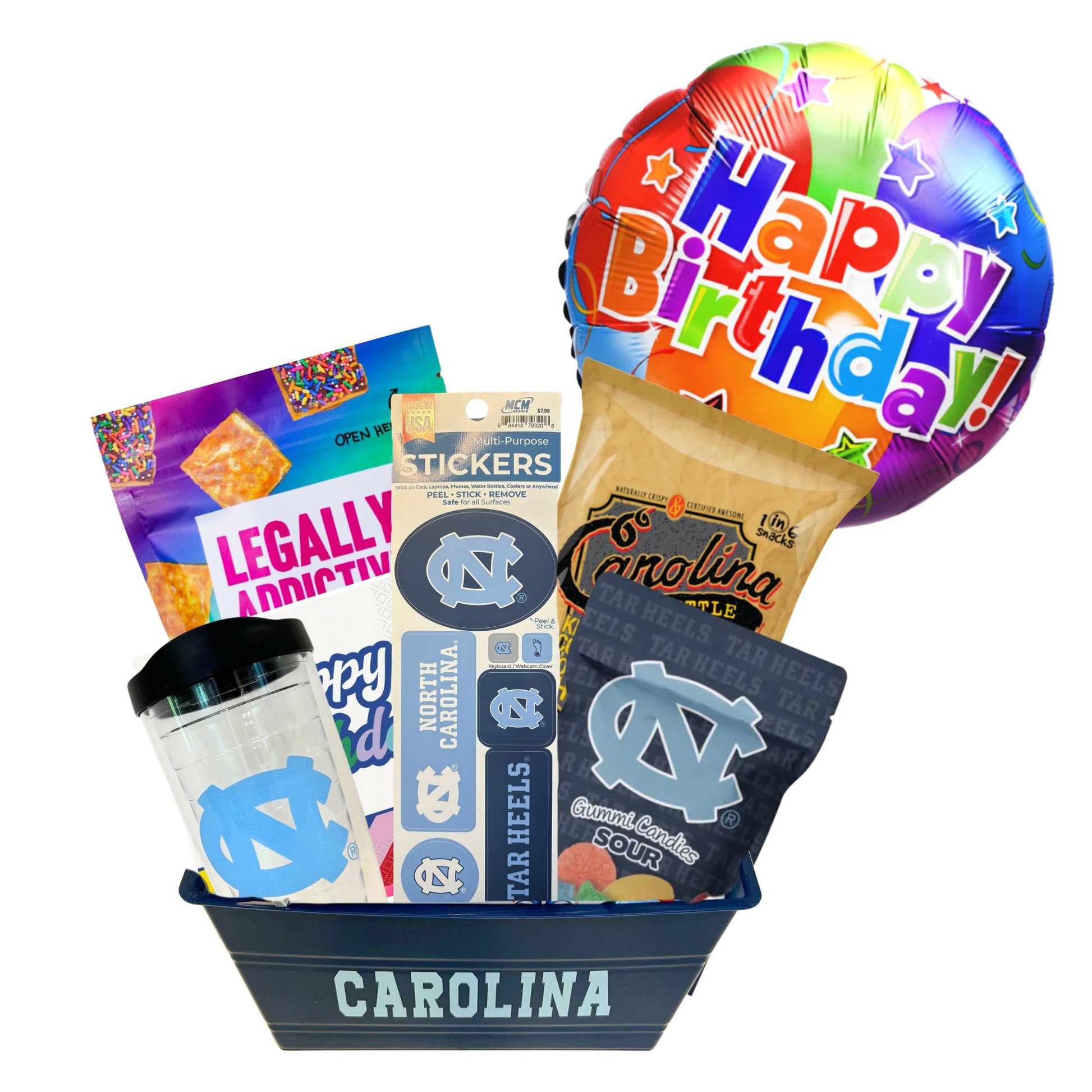 gift basket containing cookie cake, birthday popcorn, UNC stickers, UNC gummy candies, Carolina BBQ chips, and a UNC insulated cup to be delivered to UNC students at Chapel Hill.