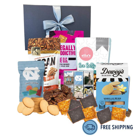 Luxury gift box with made in North Carolina gourmet foods and UNC Chapel Hill items, featuring all locally made in NC sweets for alumni, students, and Tar Heel fans