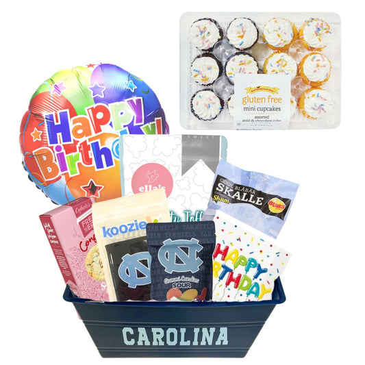 Birthday gift basket for UNC Chapel Hill students full of gluten free birthday treats, such as Ella's popcorn, Swedish Candy, UNC sour candies, Unc Koozie, and confetti cookies, as well as gluten free cupcakes.