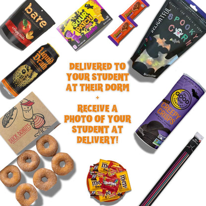 An array of Halloween themed products that are included in the Halloween gift basket for UNC Chapel Hill students, including fresh doughnuts.