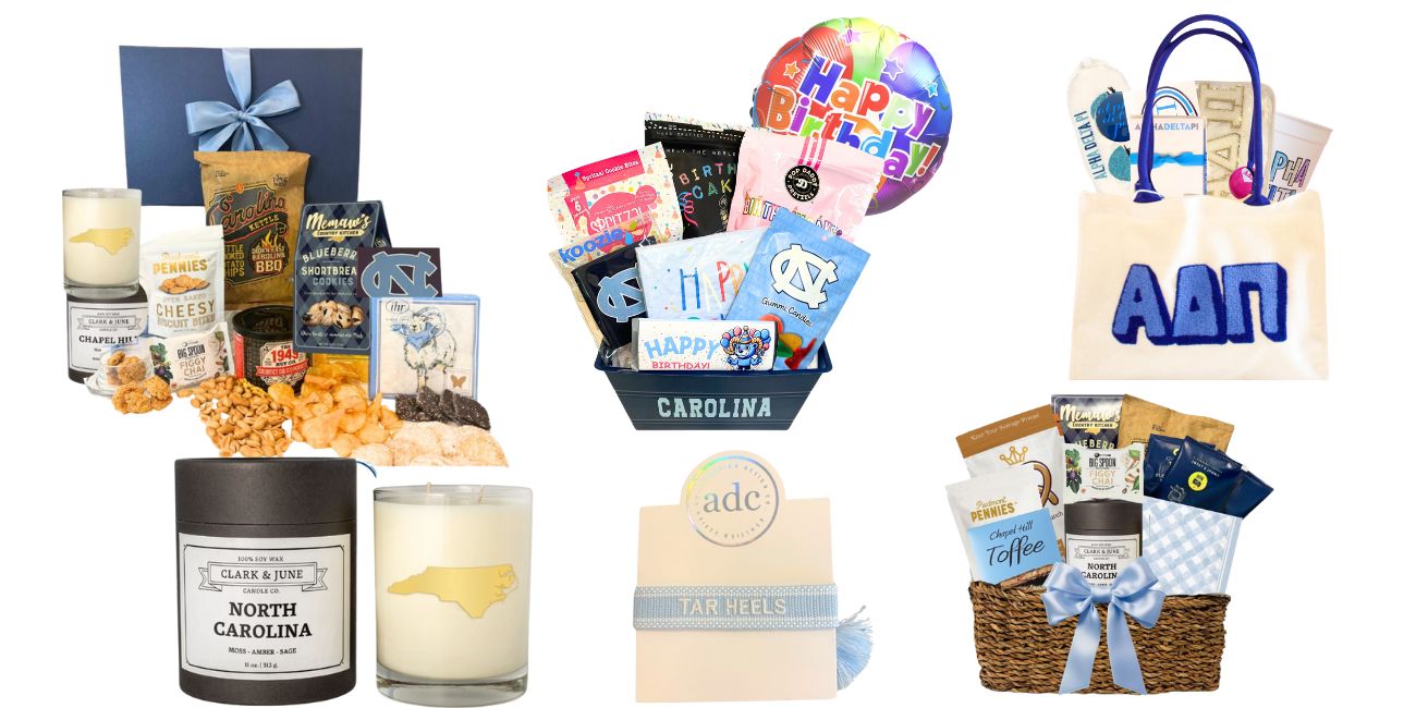 Handpicked Gifts showcasing UNC Care Packages, gourmet gift baskets, and unique sorority gifts.