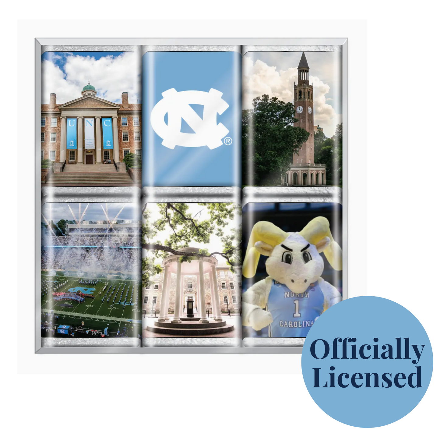 fine chocolates with iconic images of UNC Chapel Hill  landmarks and symbols, such as Kenan stadium, the Old Well, and Ramses.