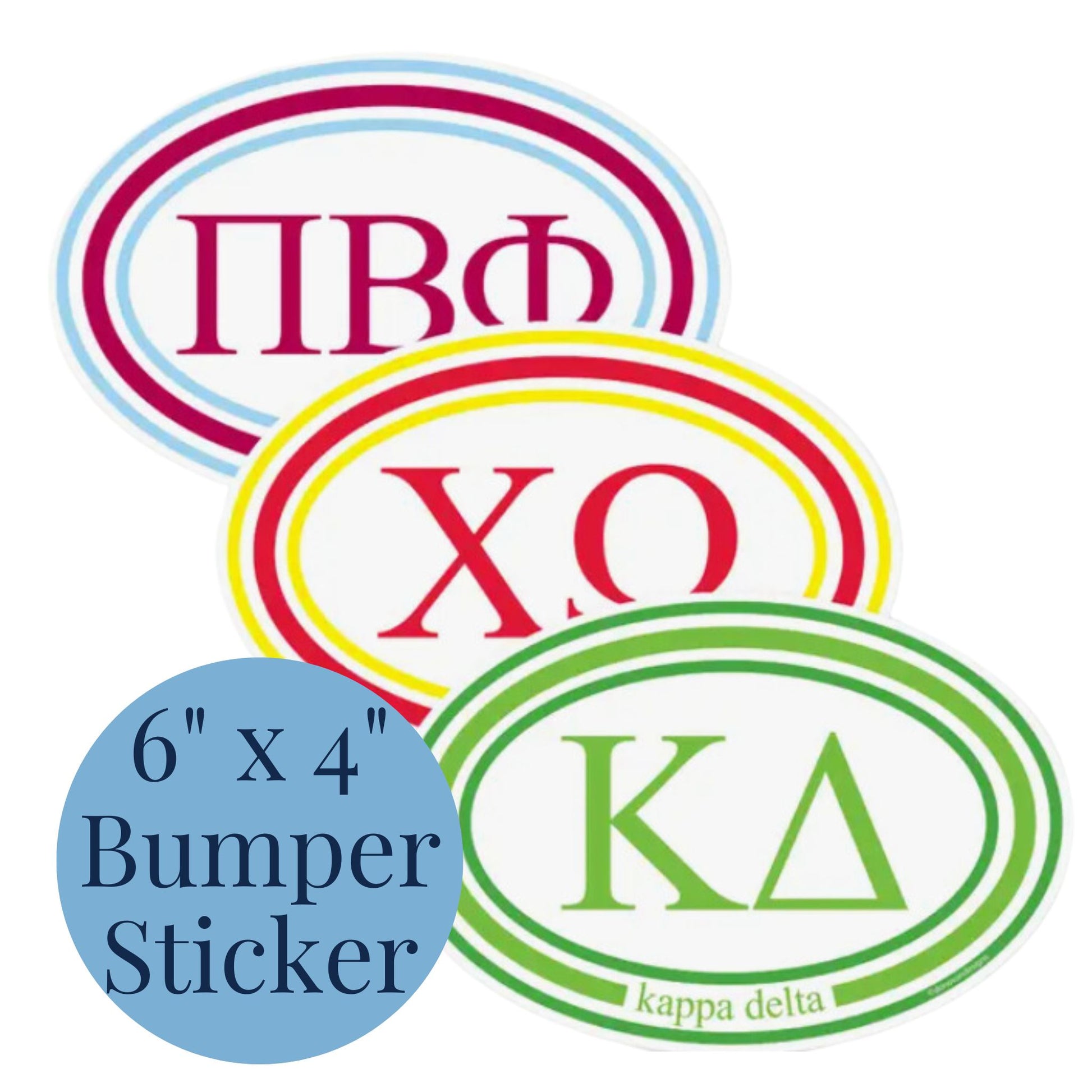 Three sorority bumper stickers with the tag '6" x 4" Bumper Sticker'.