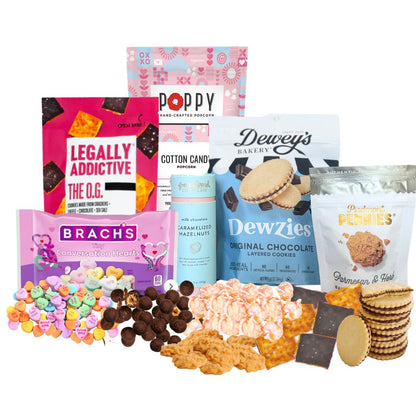 Assorted North Carolina-Made Snacks for Valentine’s Day – Poppy Cotton Candy Popcorn, Legally Addictive Cookies, Piedmont Pennies Biscuits, and French Broad Chocolate Hazelnuts.