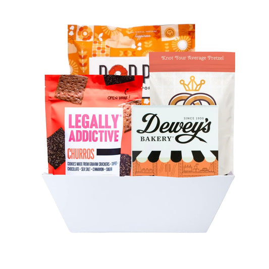 Carolina Spice Gift Tray featuring Dewey's Triple Ginger Cookies, Legally Addictive Churros Cookies, Queen City Crunch Heat Pretzels, and Poppy Popcorn Pimento Cheese flavor – a flavorful assortment of savory and sweet snacks made in North Carolina