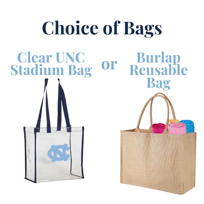 two gift bag options, one is burlap and the other is a clear stadium UNC tote bag for game day